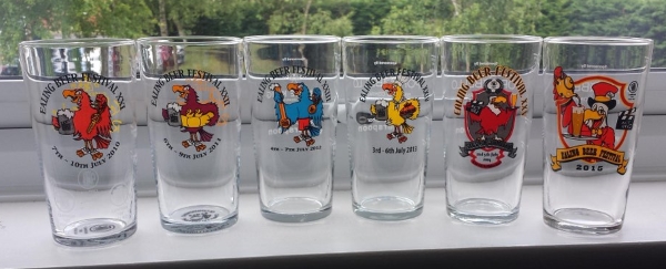 Ealing Beer Festival pint-to-line glasses from 2010 to 2015